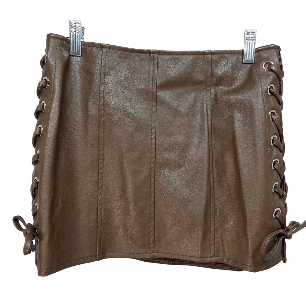 New Windsor Mini Skirt Womens M Lace Up Side Vegan Leather Brown Grommet Edgy